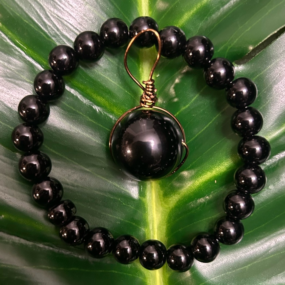black obsidian crystal handcrafted wire wrapped pendant & bracelet gift set 8mm